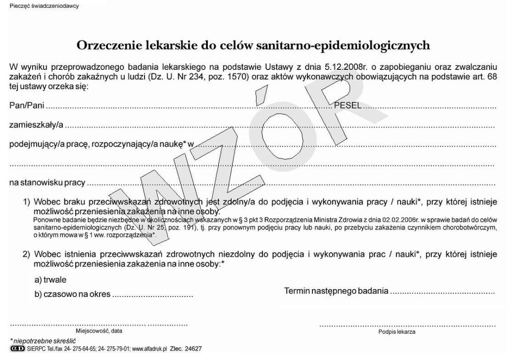 polish certificate for sanitary-epidemiological purposes